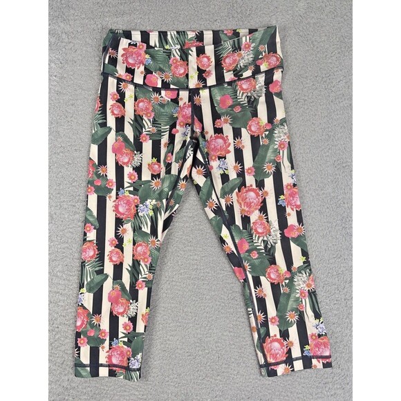 Lululemon Wunder Under Crop Pant Black White Stripe Flower Floral Palm Size 8 - Picture 1 of 6